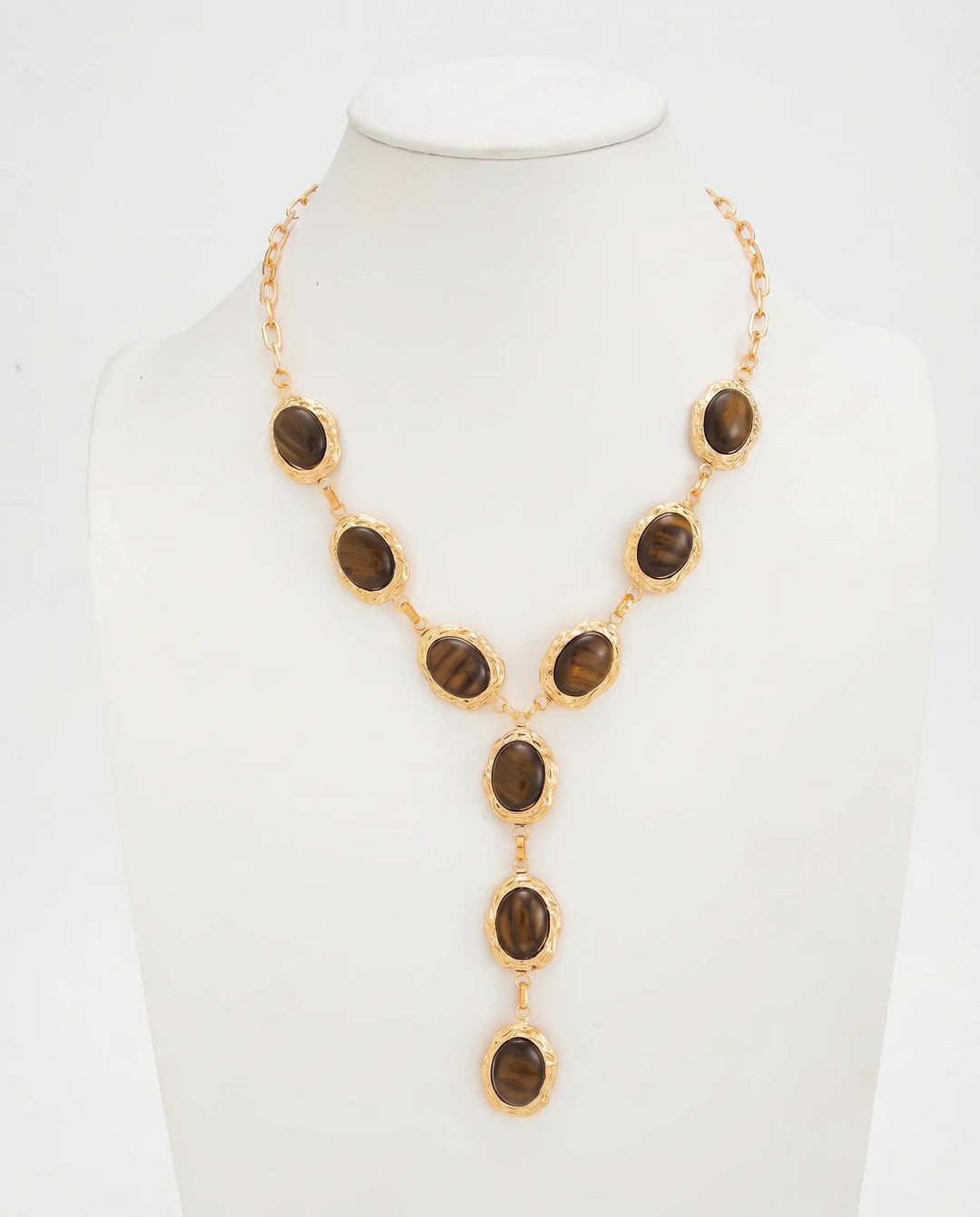 SOLACE  Gold Tone Tiger Eye Y Drop Textured Frame Alloy Necklace 