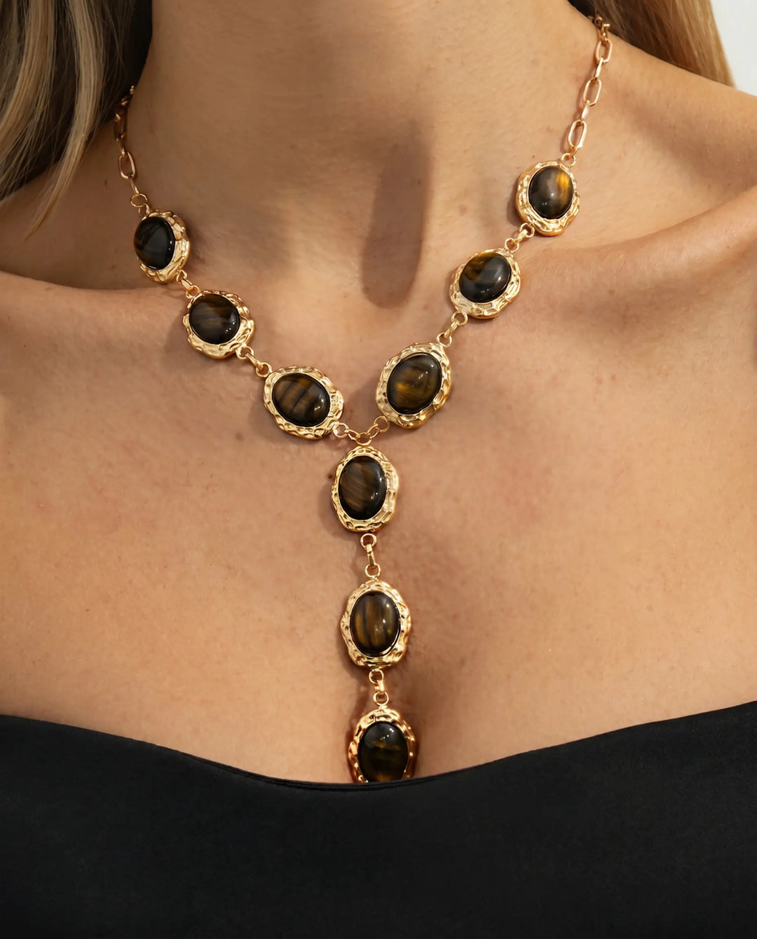 SOLACE  Gold Tone Tiger Eye Y Drop Textured Frame Alloy Necklace 