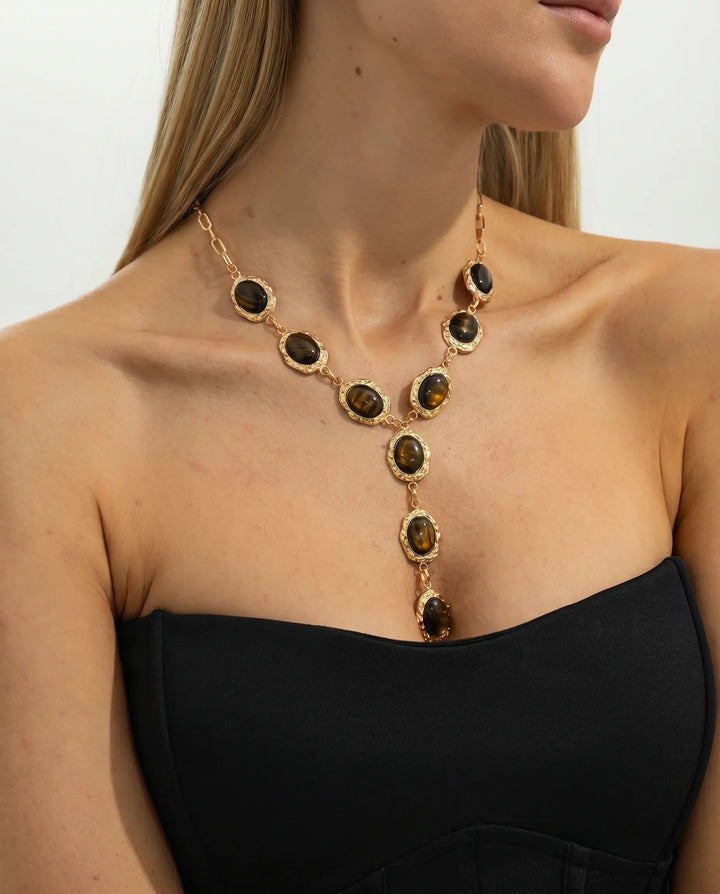 SOLACE  Gold Tone Tiger Eye Y Drop Textured Frame Alloy Necklace 