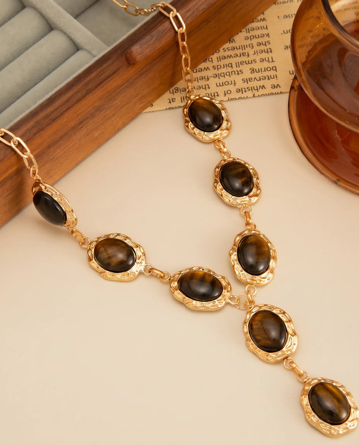 SOLACE  Gold Tone Tiger Eye Y Drop Textured Frame Alloy Necklace 