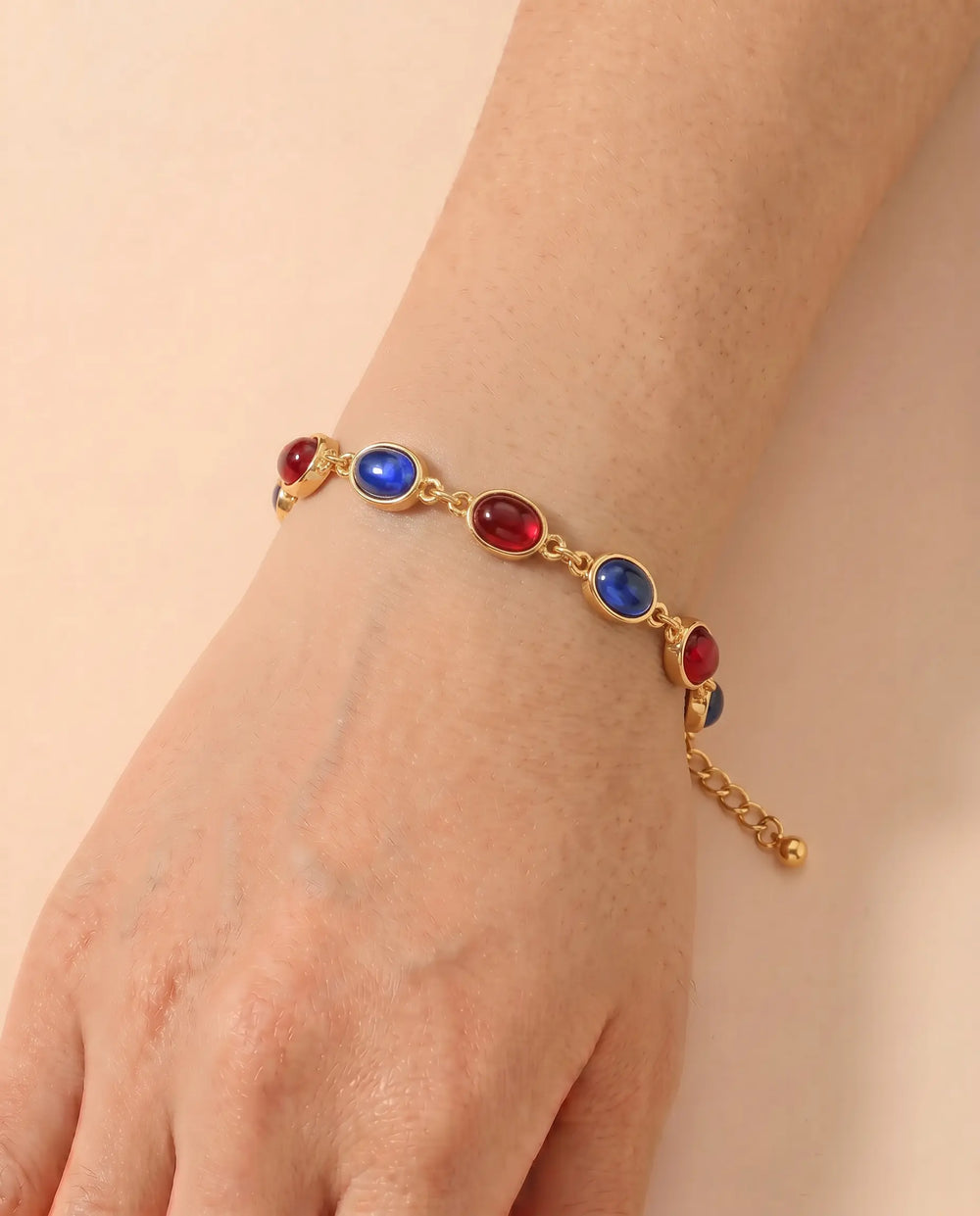 SOLACE  Gold Tone Alternating Red Blue Cabochon Alloy Bracelet 