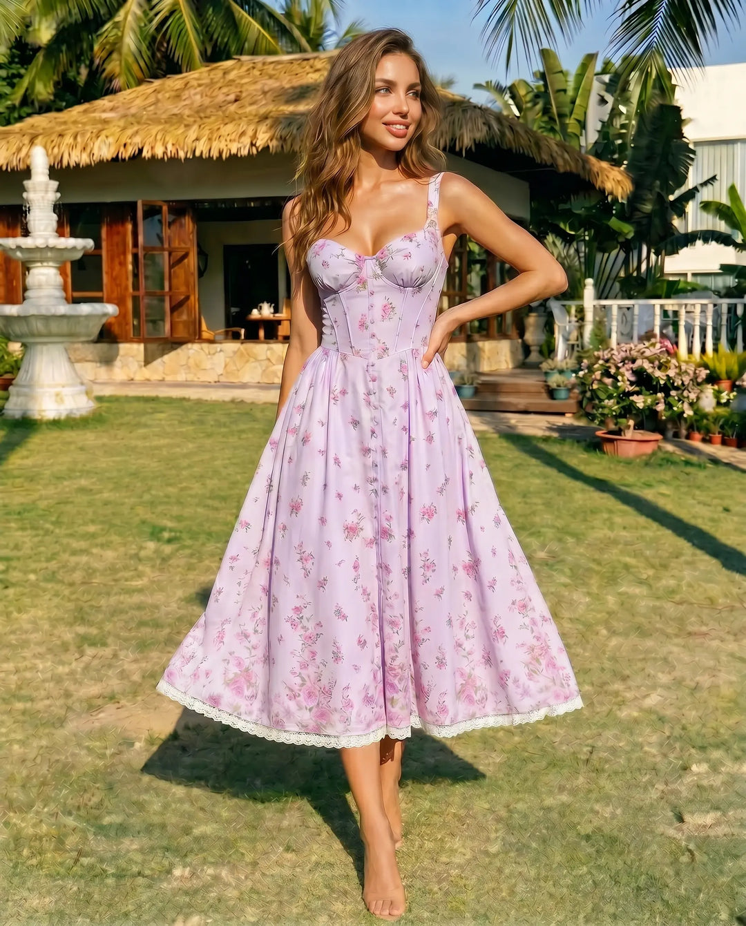 SOLACE  Purple Floral Print Corset Lace Trim Midi Dress 