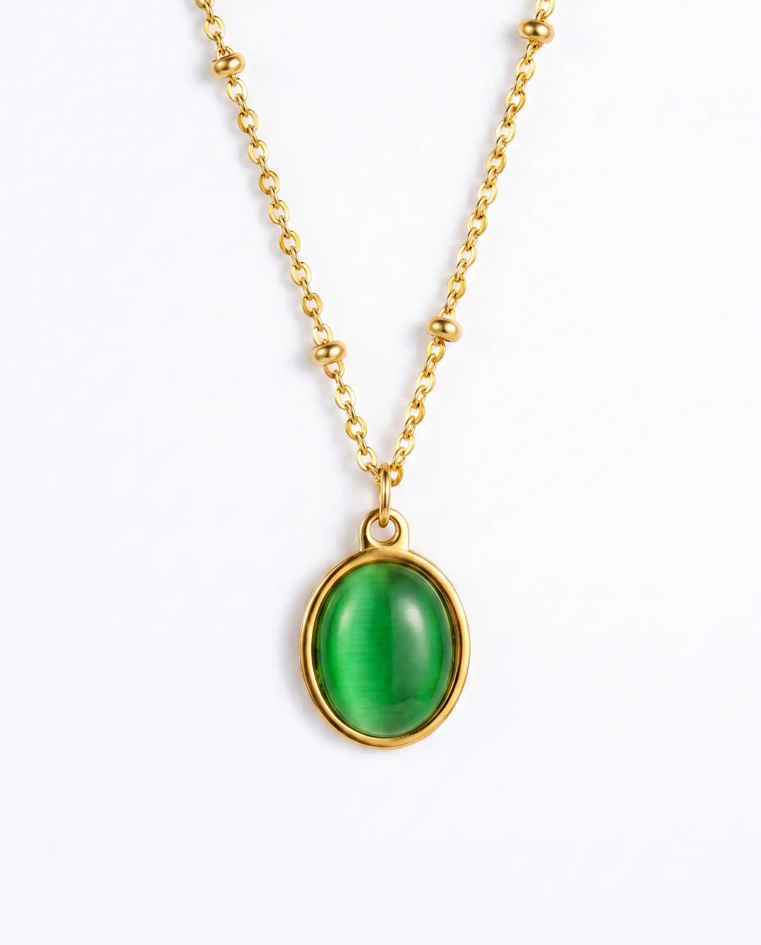SOLACE  Gold Satellite Chain Green Cabochon Pendant Necklace 