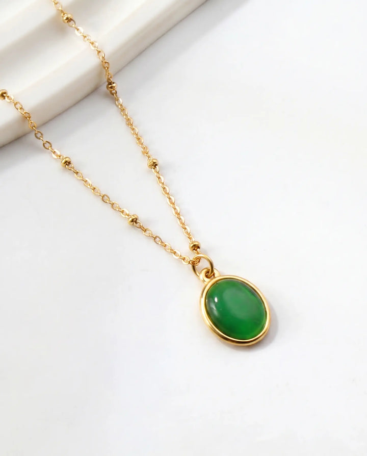 SOLACE  Gold Satellite Chain Green Cabochon Pendant Necklace 