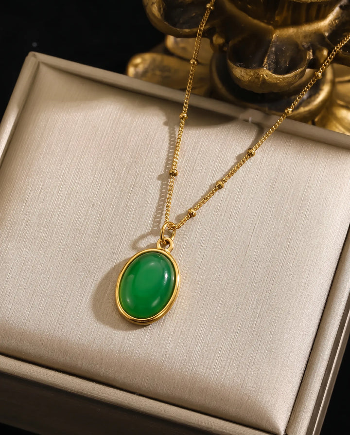 SOLACE  Gold Satellite Chain Green Cabochon Pendant Necklace 