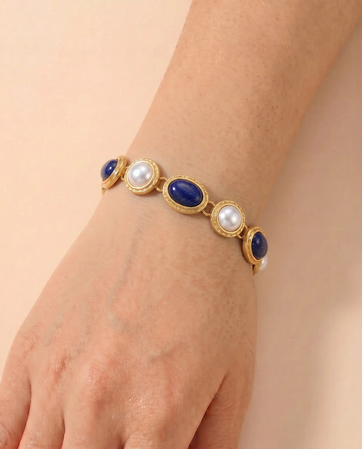 SOLACE  Gold Tone Lapis Lazuli Faux Pearl Alternating Alloy Bracelet 