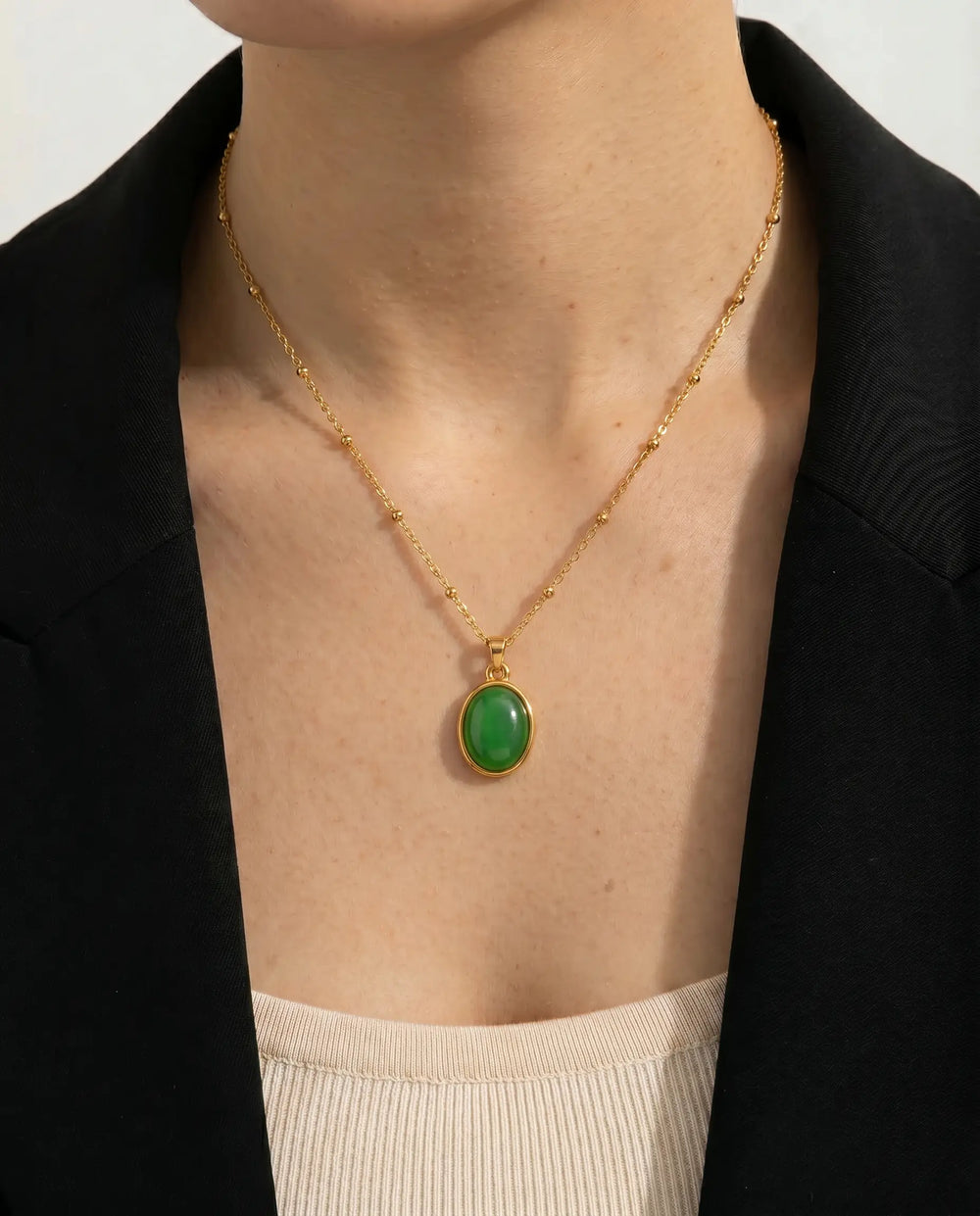 SOLACE  Gold Satellite Chain Green Cabochon Pendant Necklace 