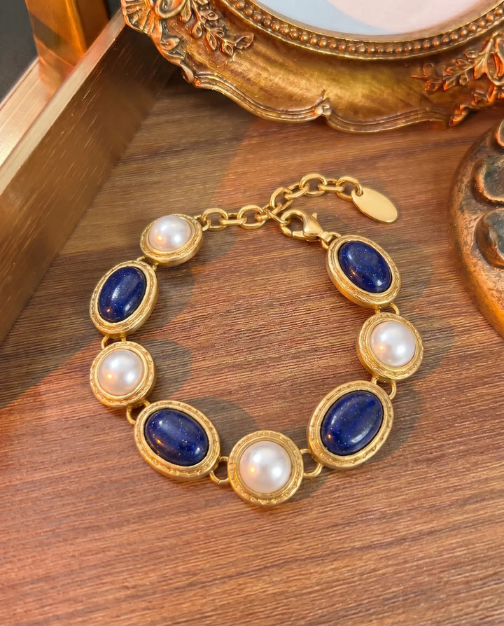 SOLACE  Gold Tone Lapis Lazuli Faux Pearl Alternating Alloy Bracelet 