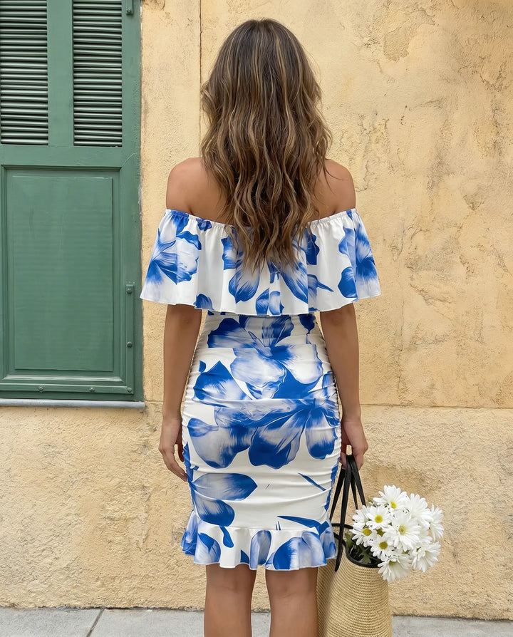 SOLACE  White Floral Print Off Shoulder Ruffle Bodycon Midi Dress 