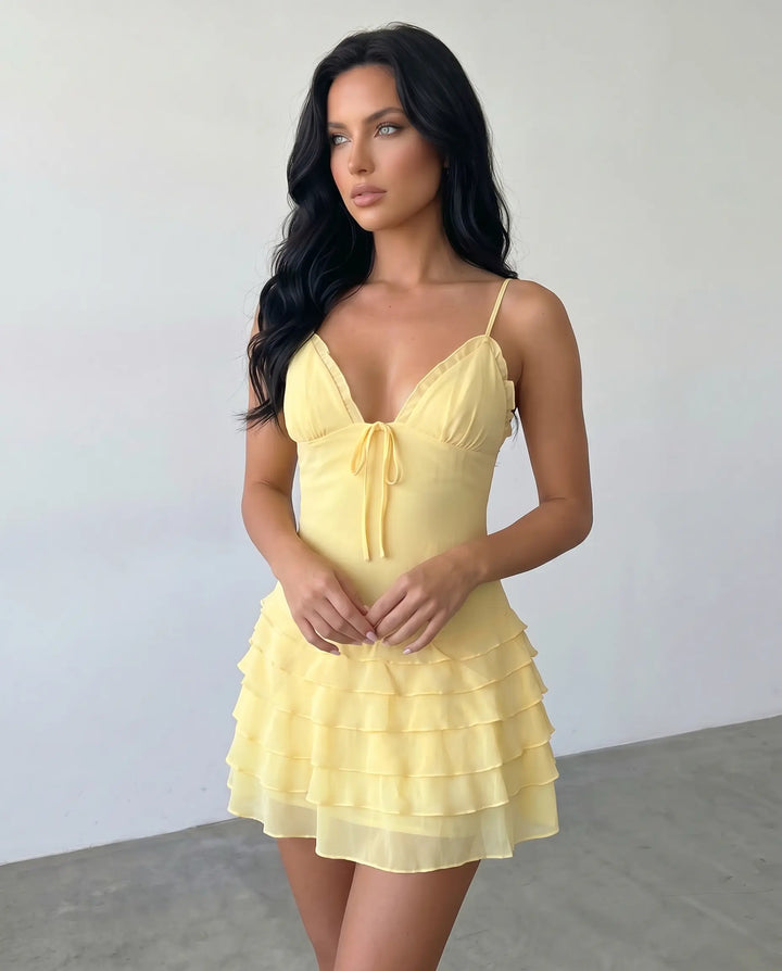 SOLACE  Yellow Ruffle Tiered Cami Mini Dress 
