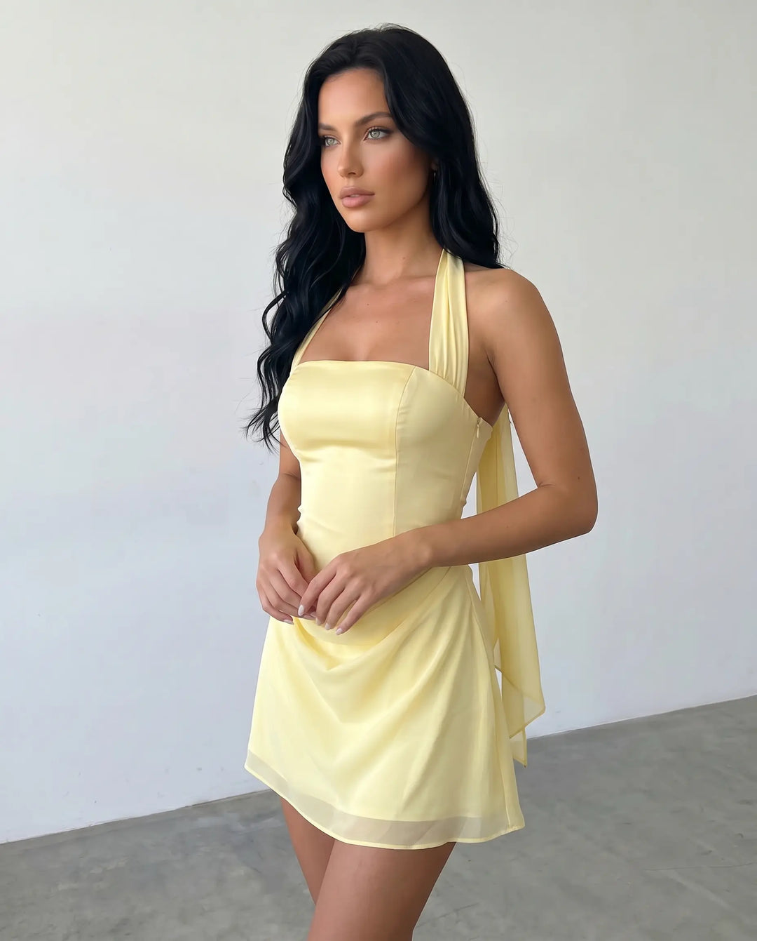 SOLACE  Yellow Halter Neck Corset Back Mini Dress 