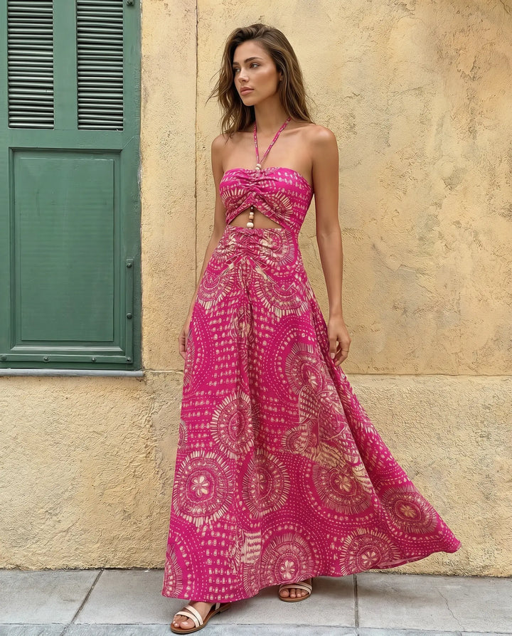 SOLACE  Pink Geometric Print Halter Neck Cutout Maxi Dress 