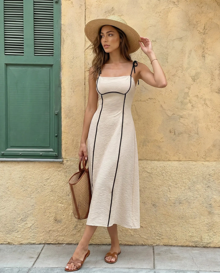 SOLACE  Beige Contrast Black Trim Tie Strap Midi Dress 