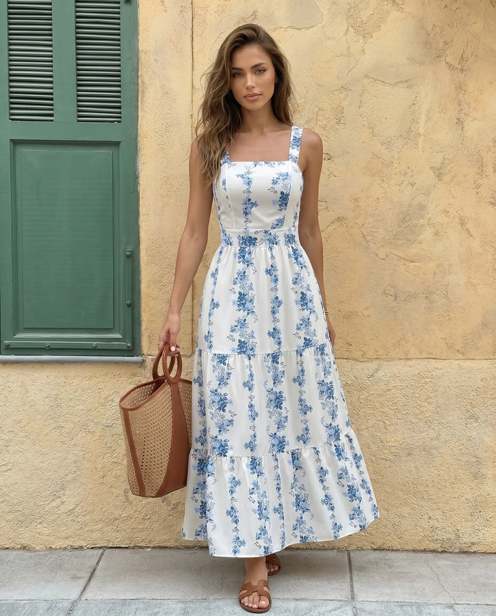 SOLACE  White Floral Print Square Neck Tiered Maxi Dress 