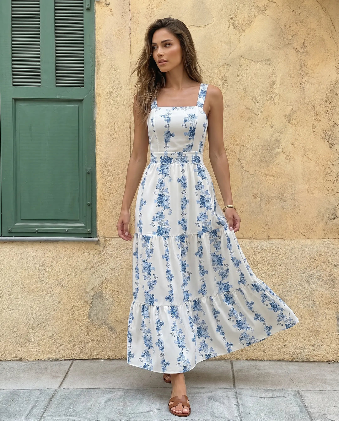 SOLACE  White Floral Print Square Neck Tiered Maxi Dress 