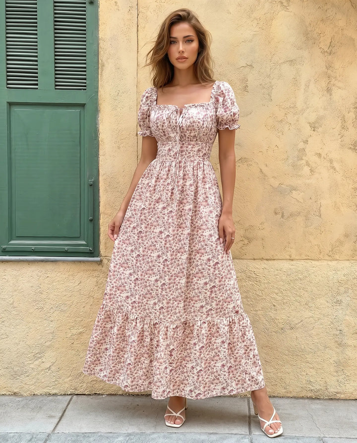SOLACE  Pink Floral Square Neck Puff Sleeve Maxi Dress 