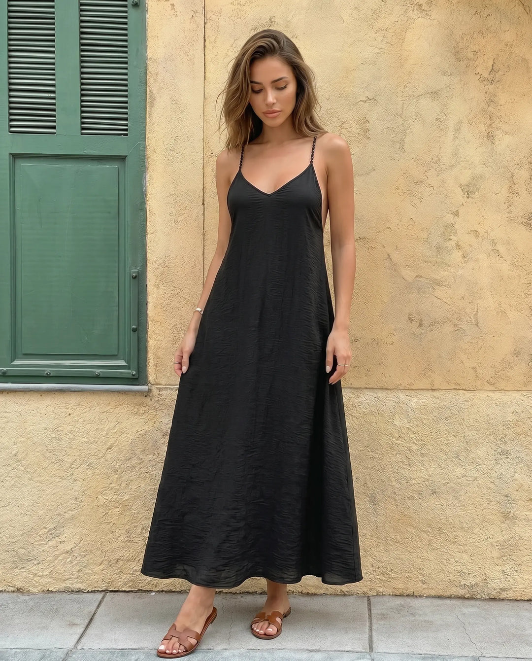 SOLACE  Black Beaded Strap Open Back Maxi Dress 