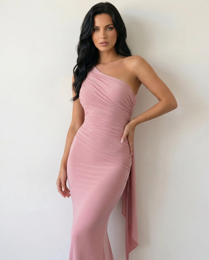 SOLACE  Pink One Shoulder Ruched Open Back Mermaid Maxi Dress 