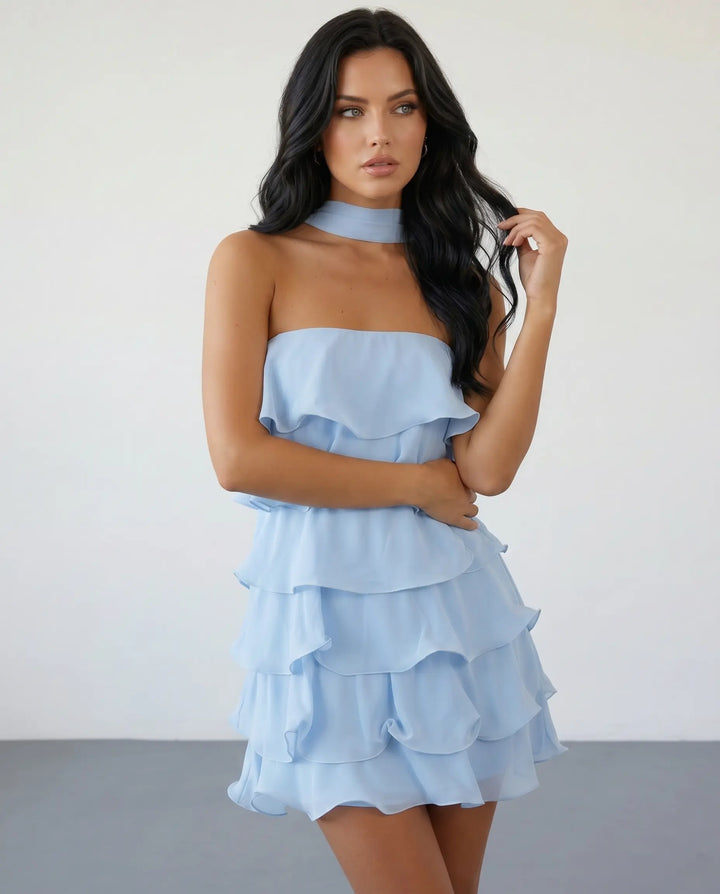 SOLACE  Light Blue Halter Neck Tiered Ruffle Mini Dress 