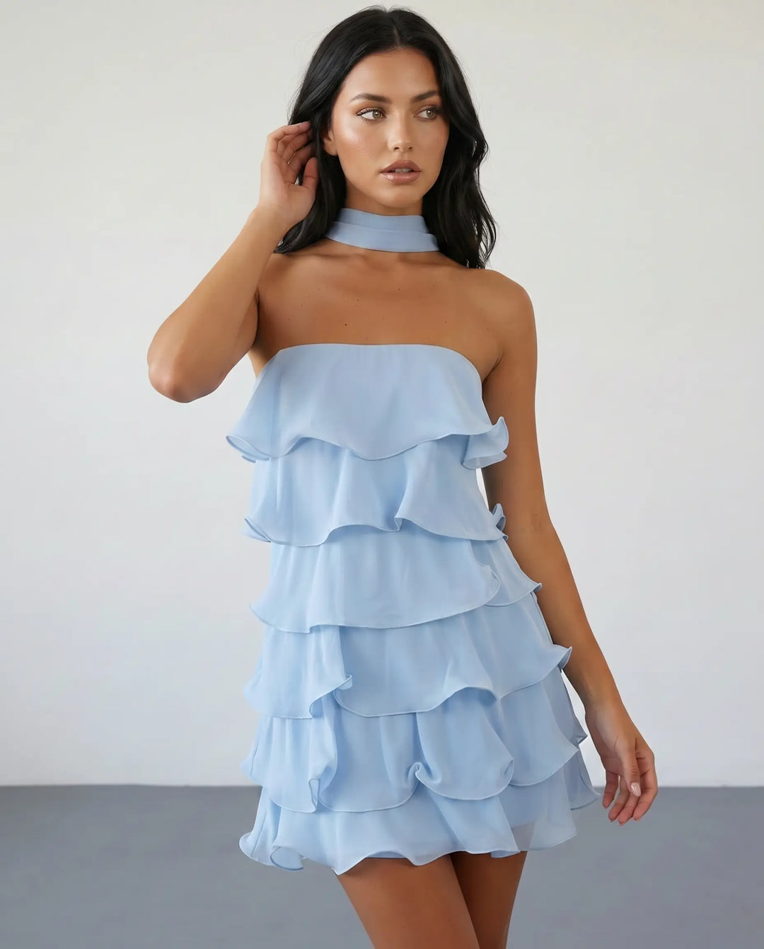SOLACE  Light Blue Halter Neck Tiered Ruffle Mini Dress 