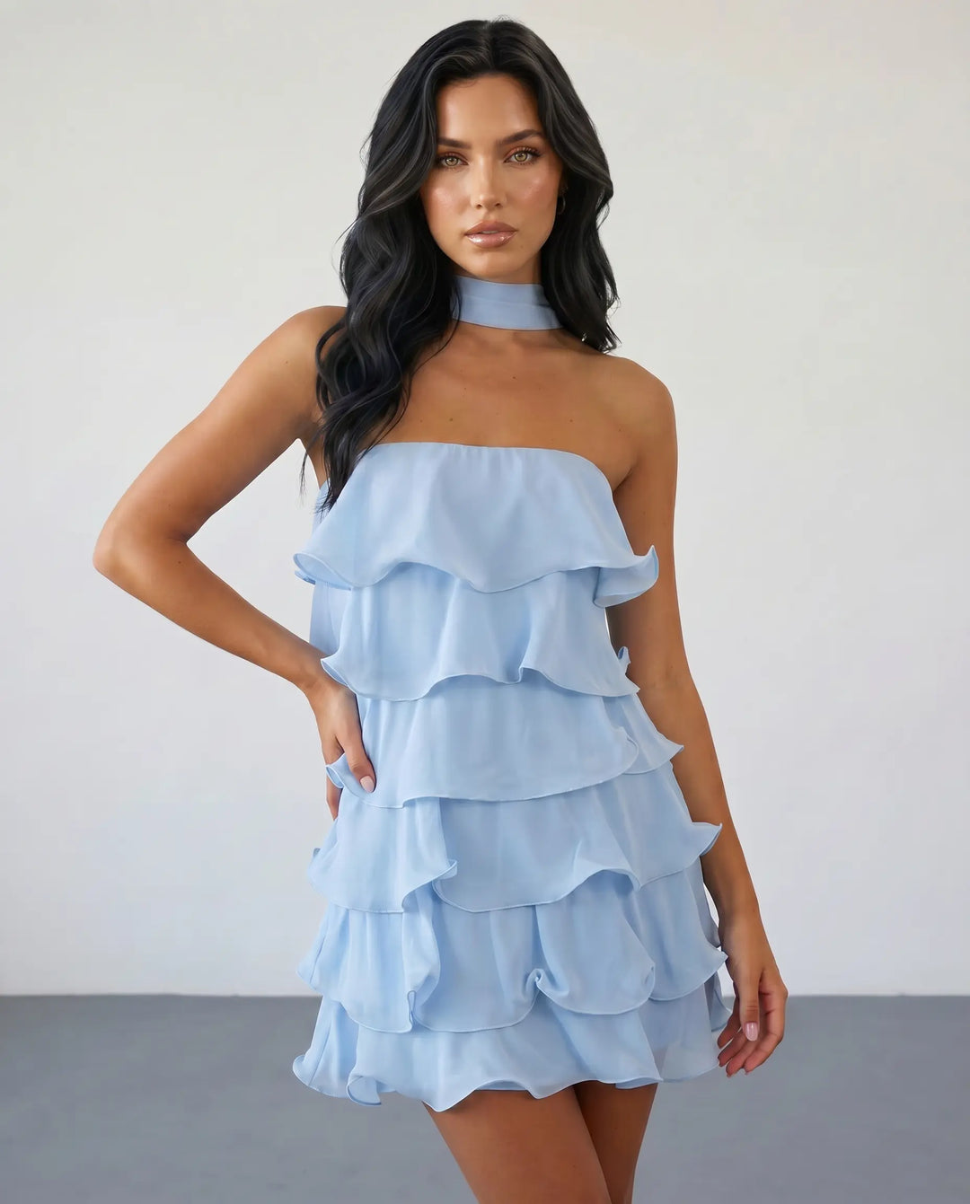 SOLACE  Light Blue Halter Neck Tiered Ruffle Mini Dress 
