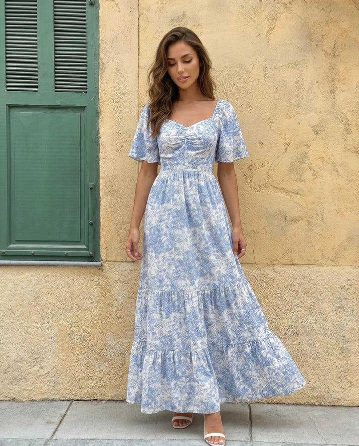 SOLACE  Blue Toile De Jouy Print Puff Sleeve Tiered Maxi Dress 
