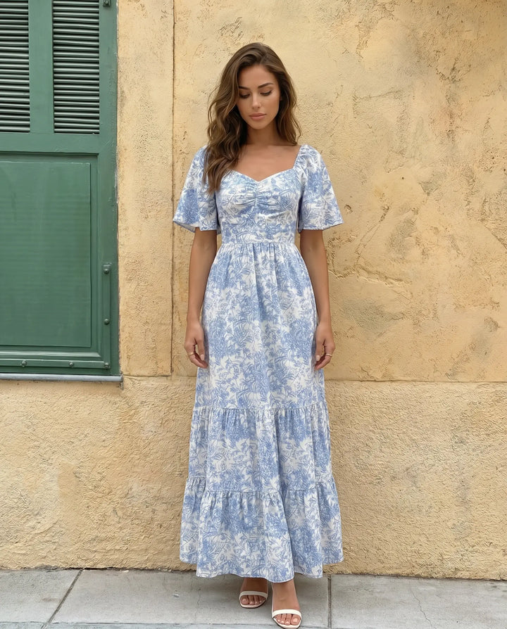 SOLACE  Blue Toile De Jouy Print Puff Sleeve Tiered Maxi Dress 