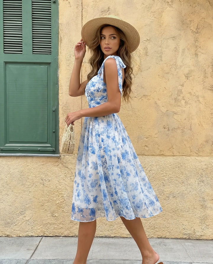 SOLACE  Blue Floral Print Bow Strap Twist Front Midi Dress 