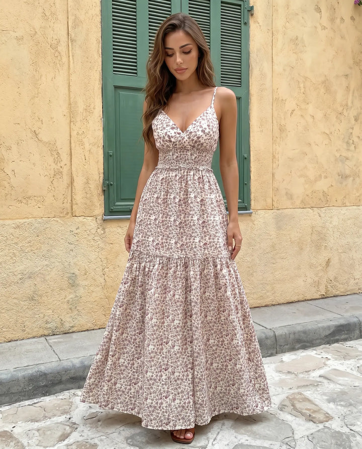 SOLACE  Apricot Print Spaghetti Strap Tiered Maxi Dress 