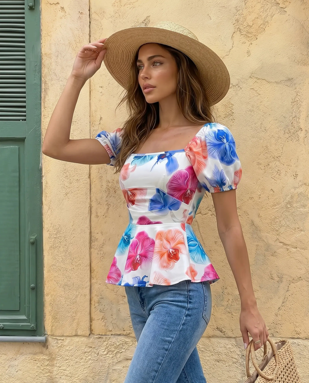 SOLACE  Floral Print Puff Sleeve Square Neck Peplum Regular Length Blouse 