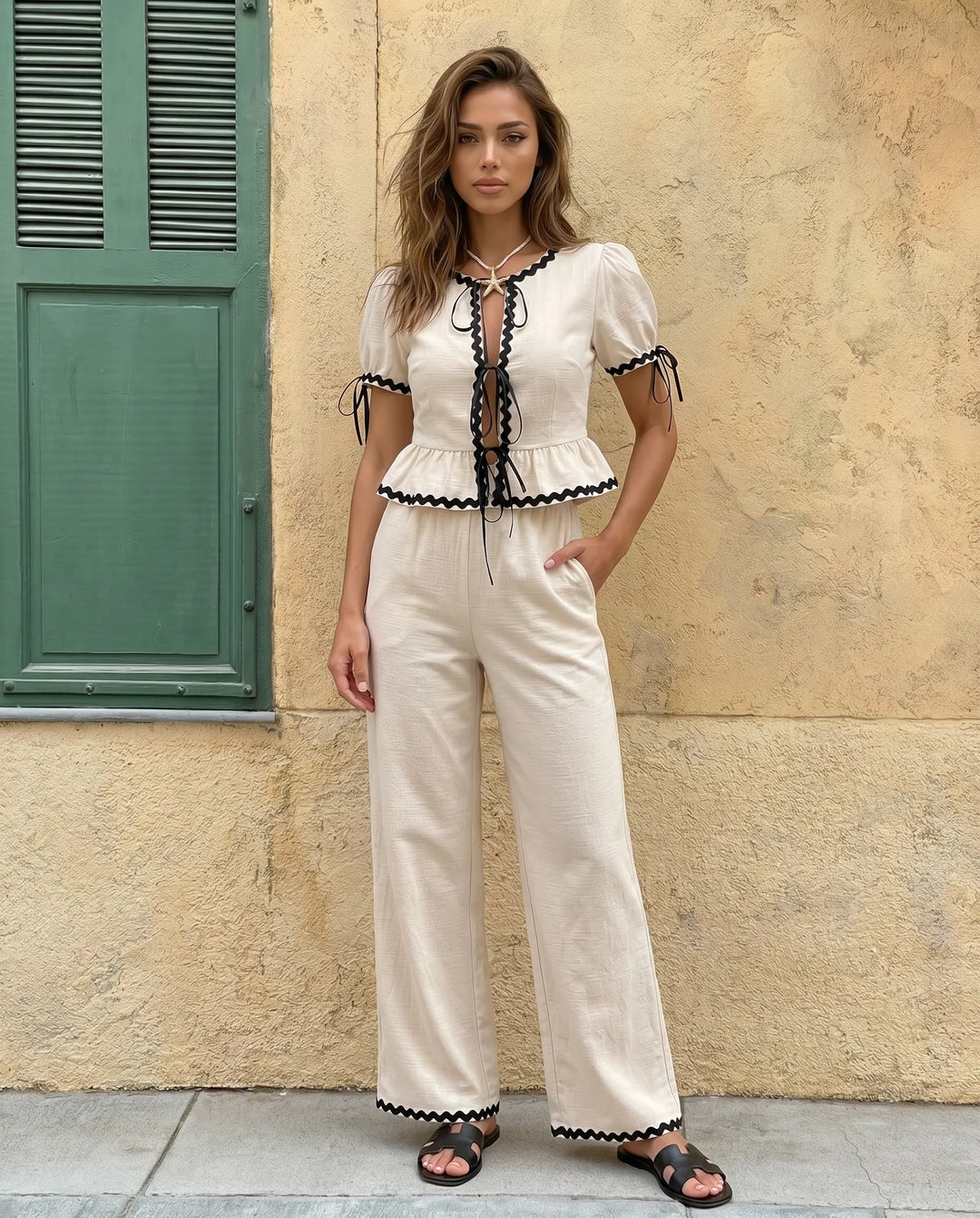 SOLACE  White Ric Rac Trim Tie-Front Peplum Top and Wide Leg Pants Two-Piece Set 