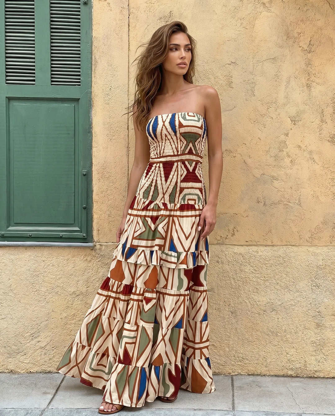 SOLACE  Apricot Print Smocked Waist Strapless Tiered Maxi Dress 
