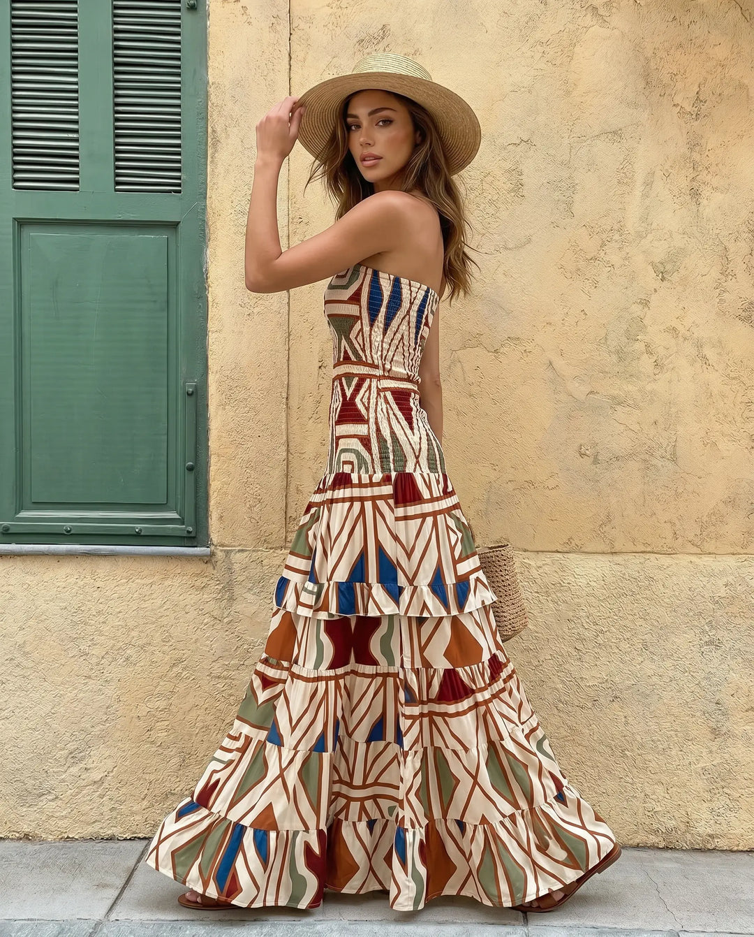 SOLACE  Apricot Print Smocked Waist Strapless Tiered Maxi Dress 