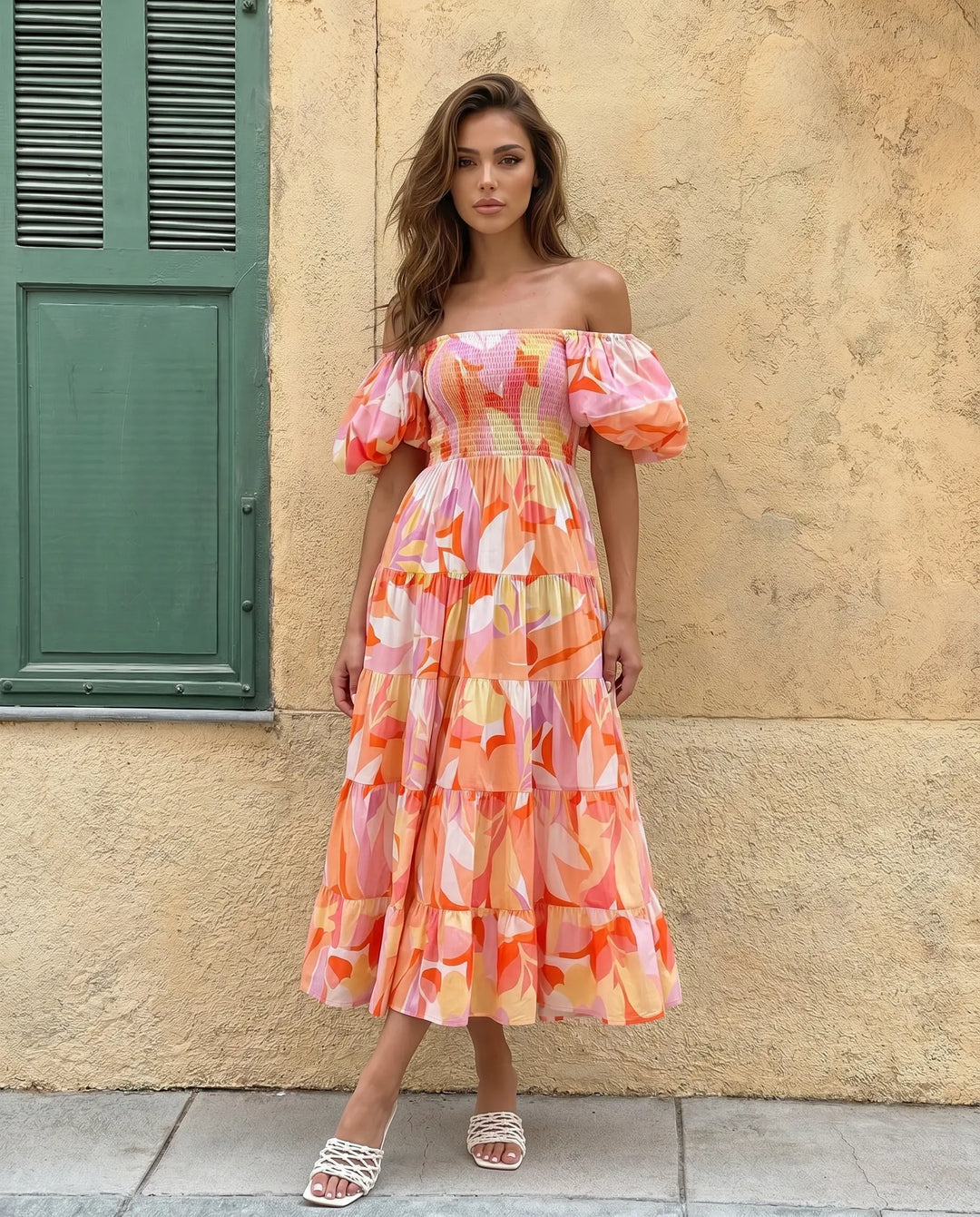 SOLACE  Floral Print Off Shoulder Puff Sleeve Tiered Maxi Dress 