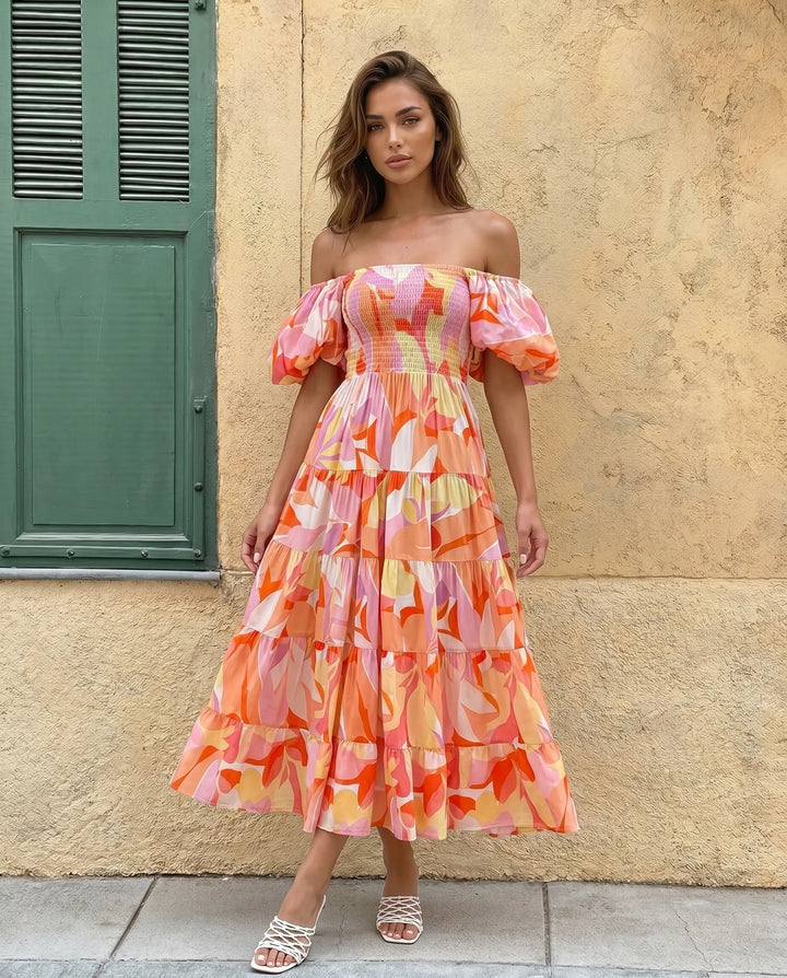SOLACE  Floral Print Off Shoulder Puff Sleeve Tiered Maxi Dress 