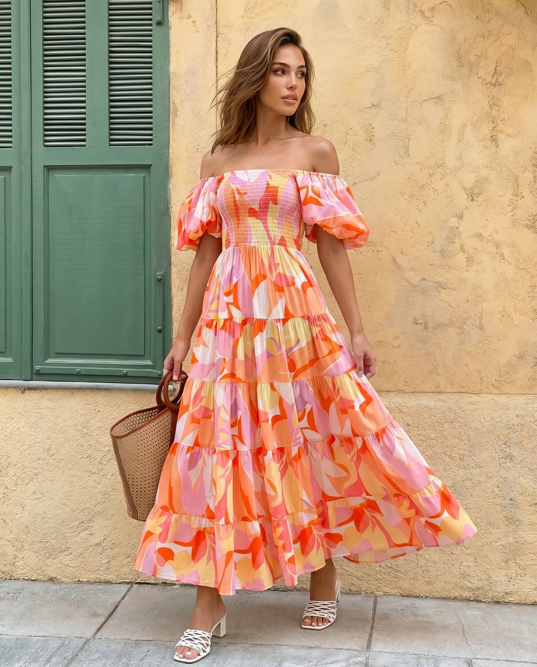 SOLACE  Floral Print Off Shoulder Puff Sleeve Tiered Maxi Dress 