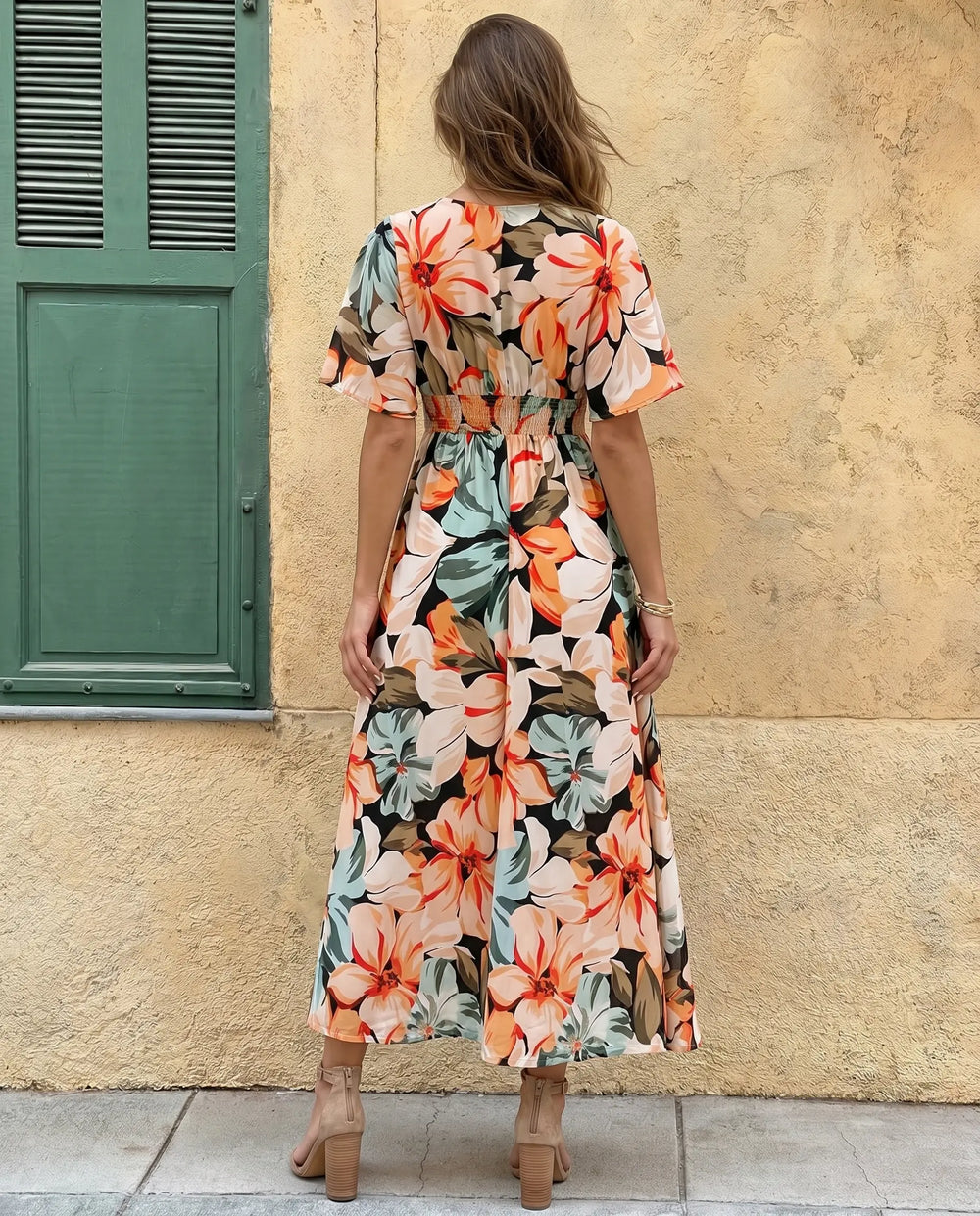 SOLACE  Floral Print V-Neck Batwing Sleeve High Slit Maxi Dress 
