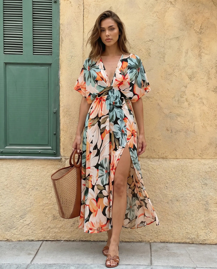 SOLACE  Floral Print V-Neck Batwing Sleeve High Slit Maxi Dress 