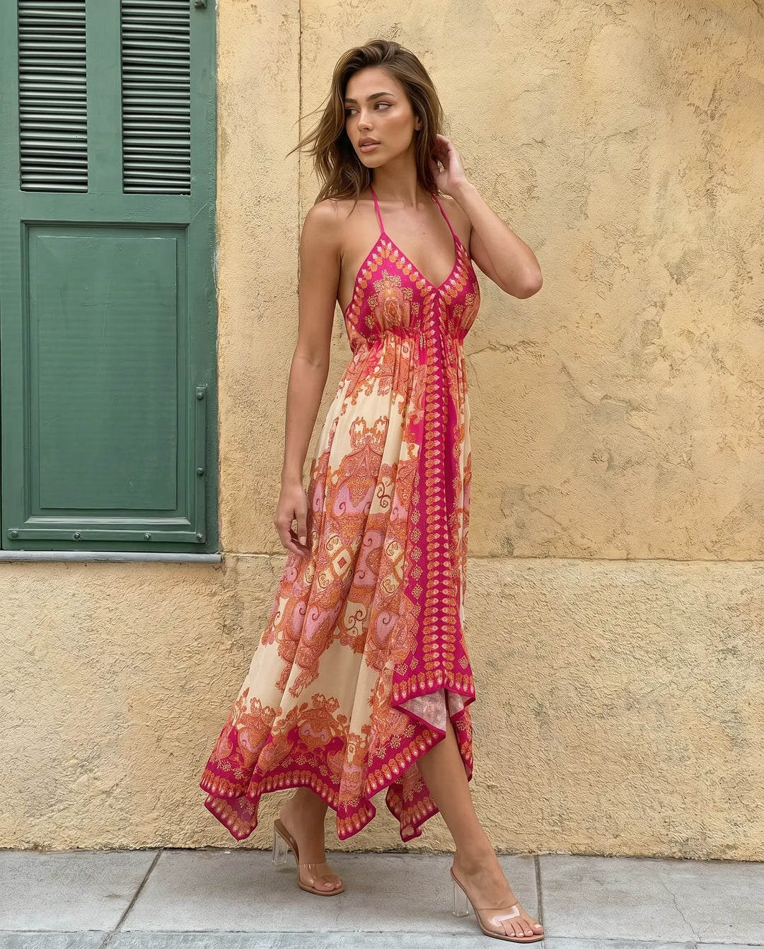 SOLACE  Floral Print Halter Neck Open Back Asymmetric Hem Midi Dress 