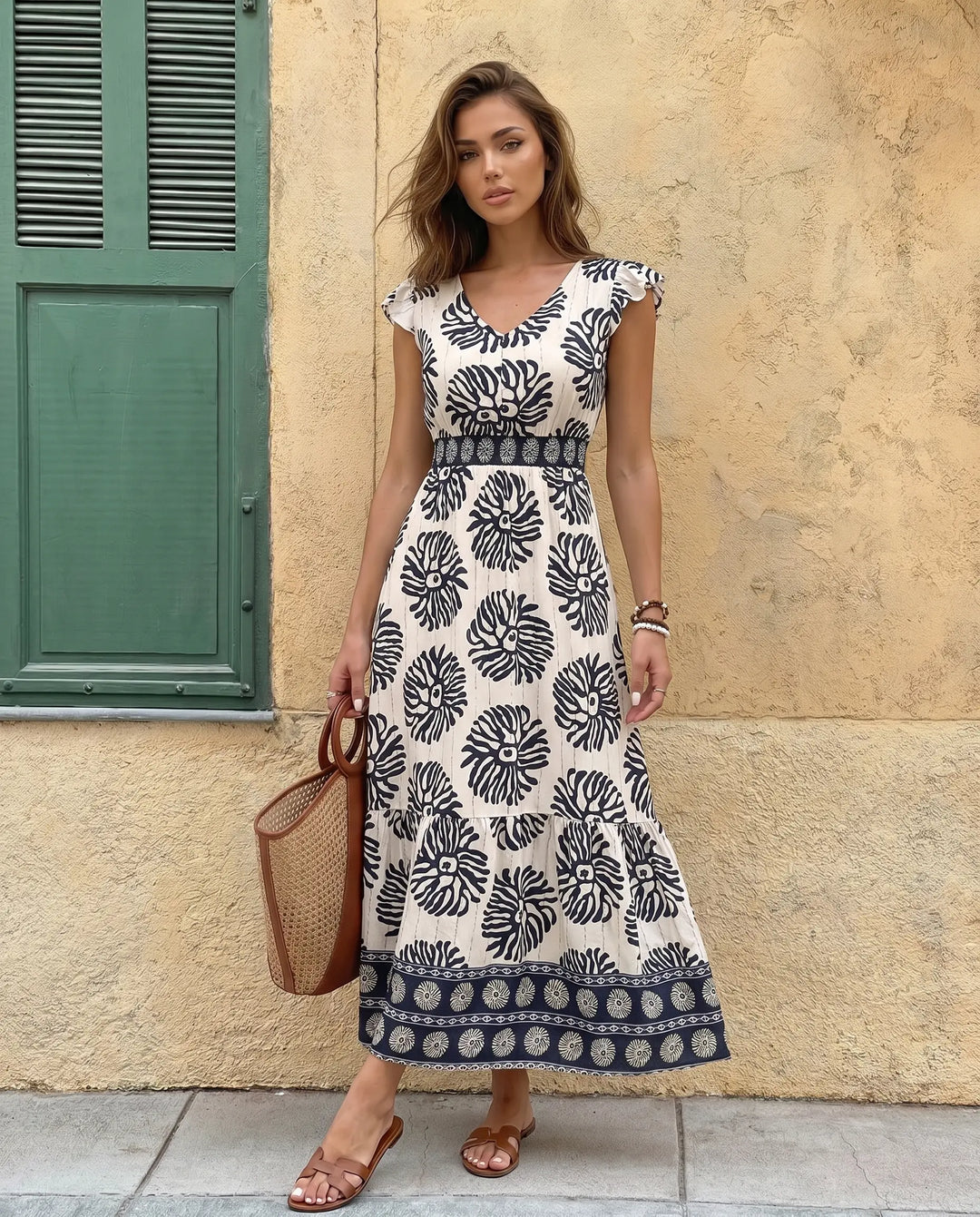 SOLACE  Blue Floral Print V-Neck Ruffle Sleeve Tiered Maxi Dress 