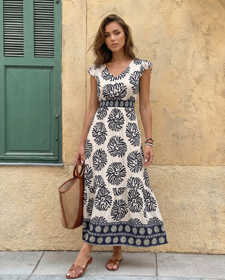 SOLACE  Blue Floral Print V-Neck Ruffle Sleeve Tiered Maxi Dress 