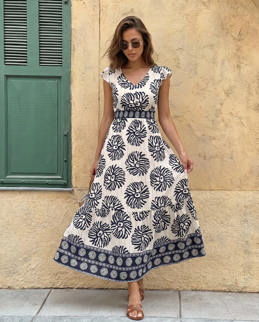 SOLACE  Blue Floral Print V-Neck Ruffle Sleeve Tiered Maxi Dress 