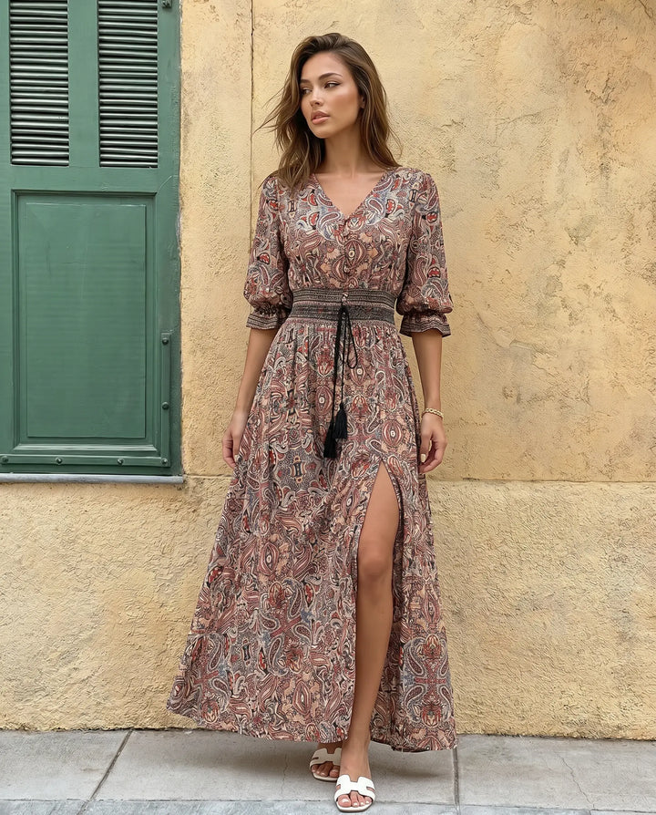 SOLACE  Paisley Print V-Neck Lantern Sleeve Smocked Waist Maxi Dress 