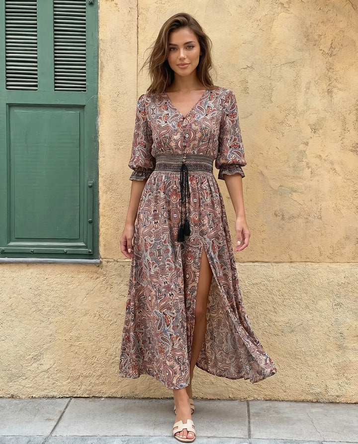 SOLACE  Paisley Print V-Neck Lantern Sleeve Smocked Waist Maxi Dress 