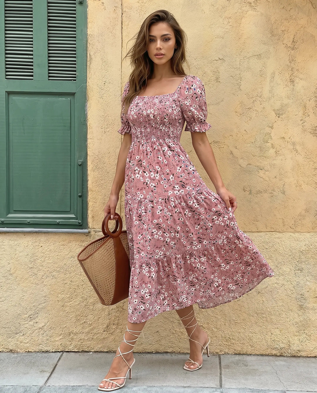 SOLACE  Floral Print Square Neck Puff Sleeve Tiered Midi Dress 
