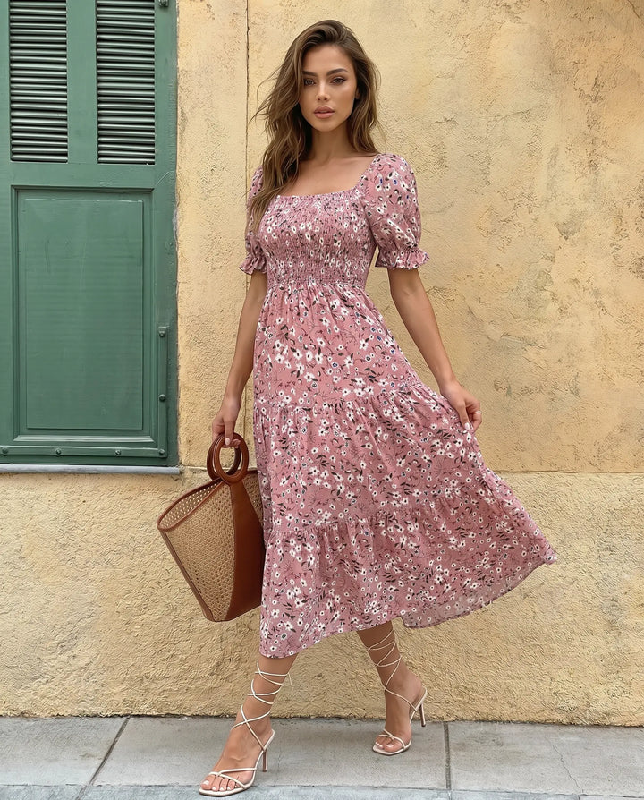 SOLACE  Floral Print Square Neck Puff Sleeve Tiered Midi Dress 