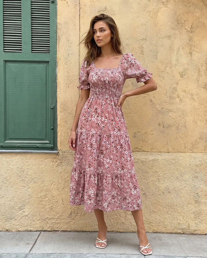 SOLACE  Floral Print Square Neck Puff Sleeve Tiered Midi Dress 