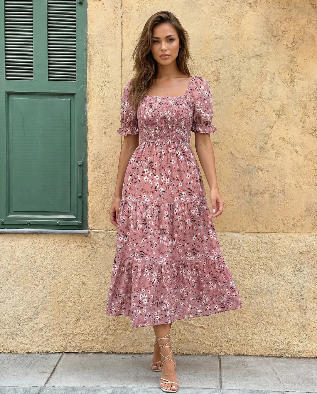 SOLACE  Floral Print Square Neck Puff Sleeve Tiered Midi Dress 