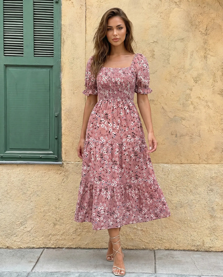 SOLACE  Floral Print Square Neck Puff Sleeve Tiered Midi Dress 