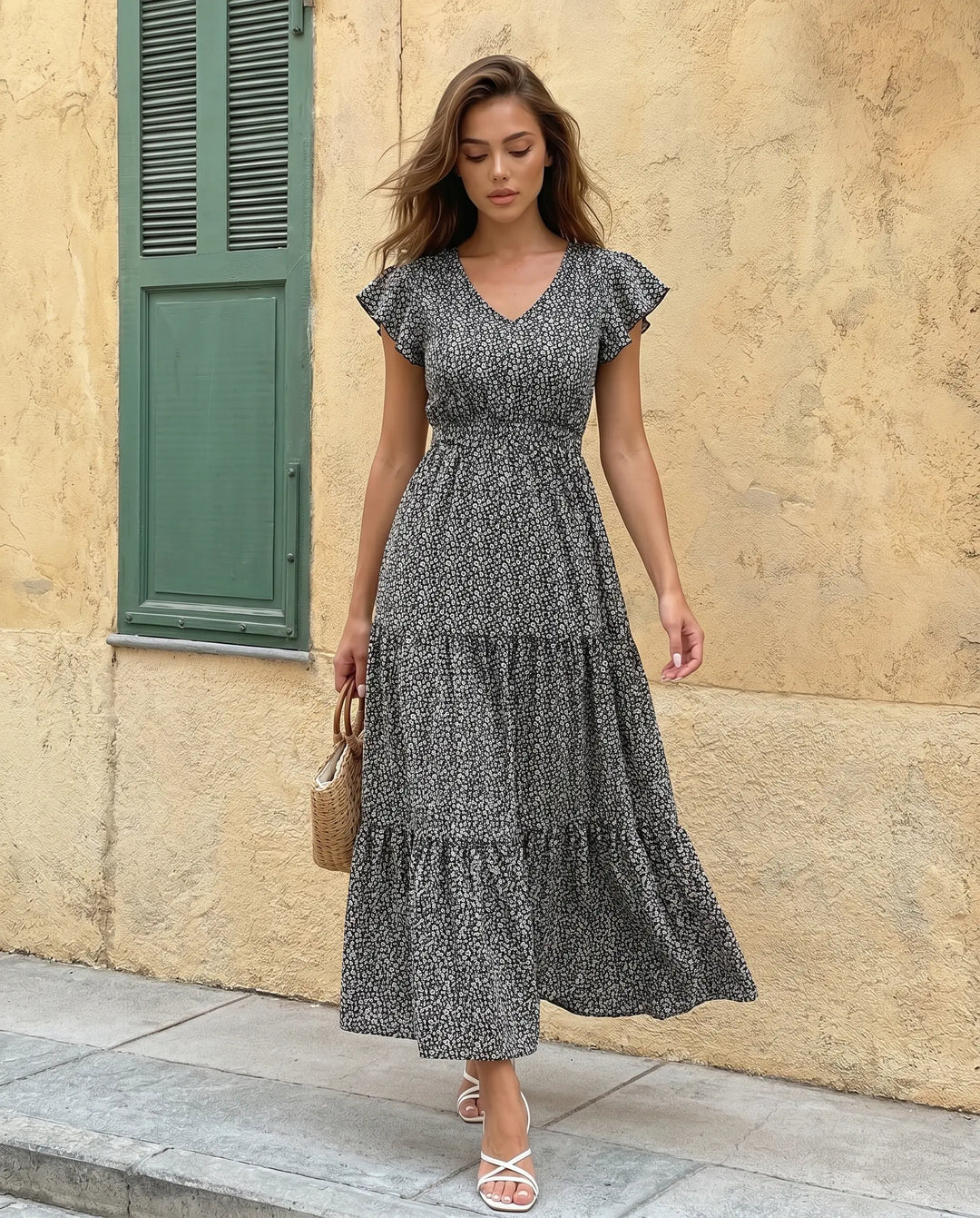 SOLACE  Black Floral Print V-Neck Ruffle Sleeve Tiered Maxi Dress 
